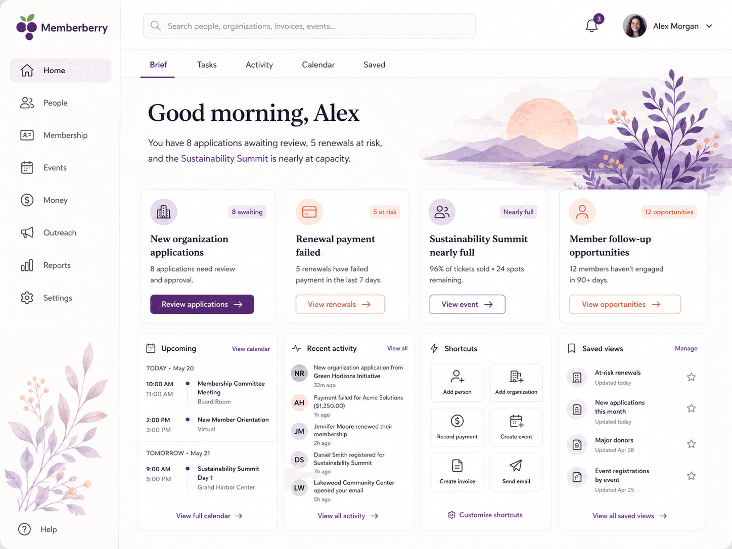 Memberberry workspace with illustrative sample data